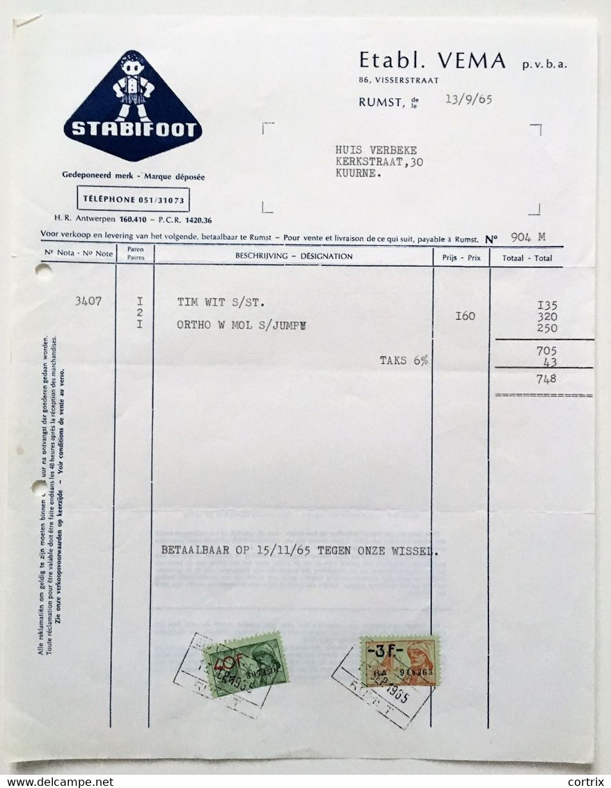 Factuur Schoenen Vema Rumst 1965 - Kleidung & Textil