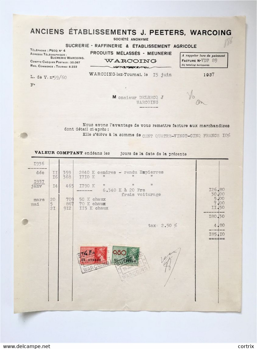 Facture Sucrerie Peeters Warcoing Pecq 1937 - Alimentare