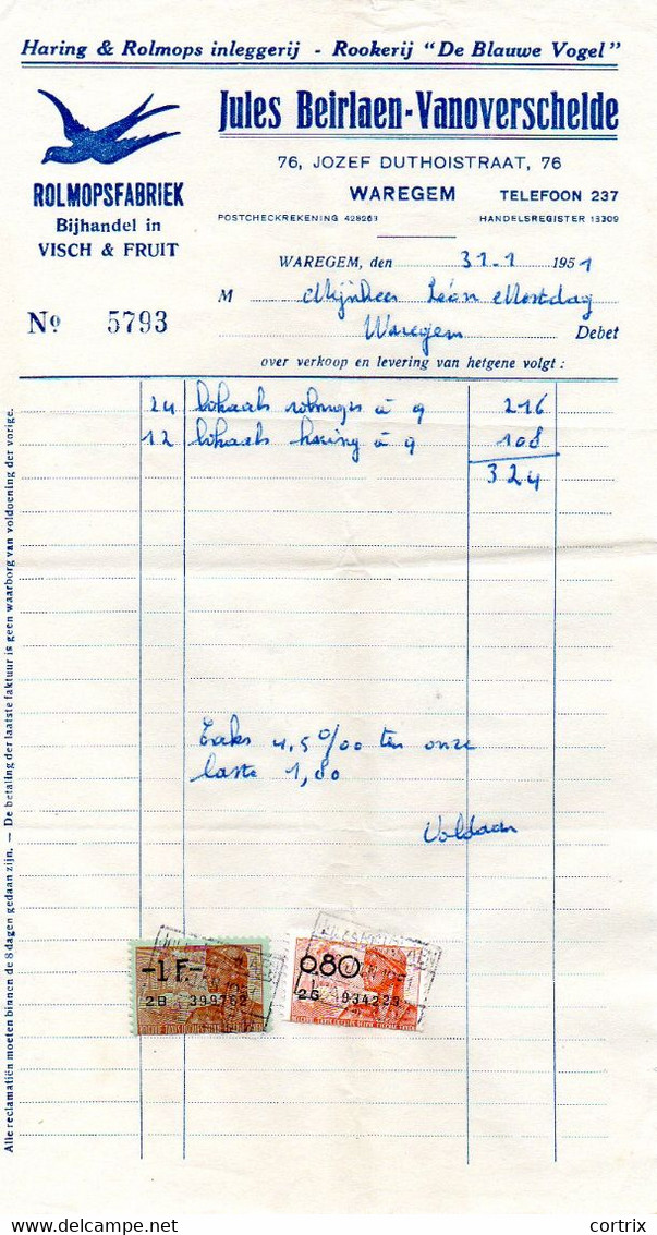 Factuur Haring Rolmopsfabriek 'De Blauwe Vogel' Beirlaen-Vanoverschelde Waregem 1951 - Levensmiddelen