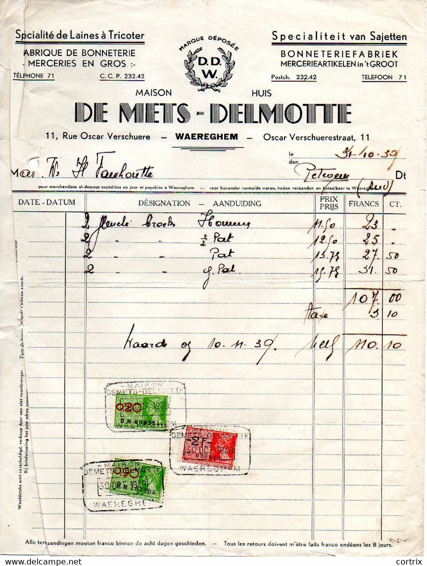 Factuur + Brieven Bonneteriefabriek De Mets-Delmotte Waregem 1939/1945 - Lebensmittel