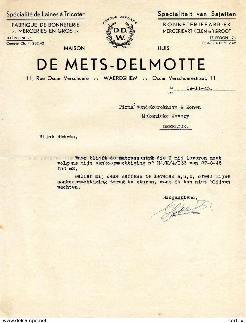 Factuur + Brieven Bonneteriefabriek De Mets-Delmotte Waregem 1939/1945 - Food