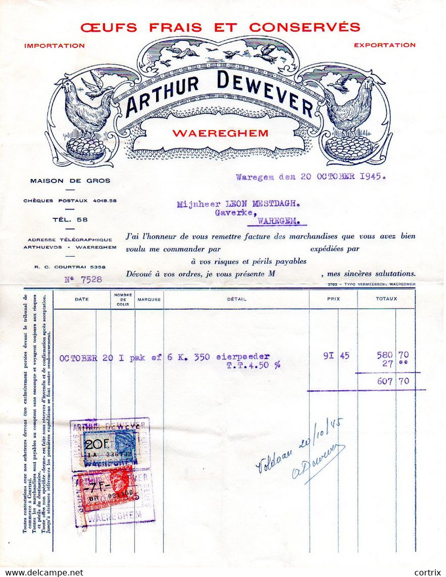 Factuur Oeufs Frais Et Conserves Kip Dewever Waregem 1945 - Lebensmittel