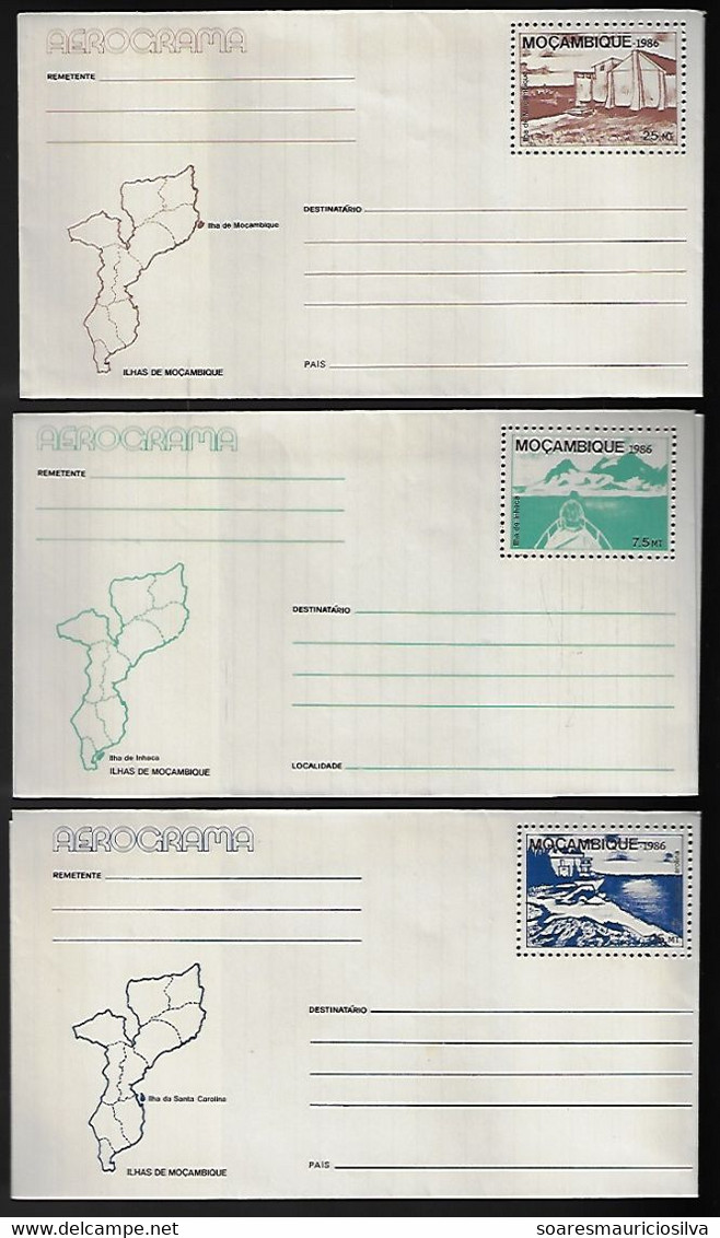 Mozambique 1986 3 Postal Stationery Aerogram Island Of Mozambique Inhaca And Santa Carolina Map Unused - Mozambique