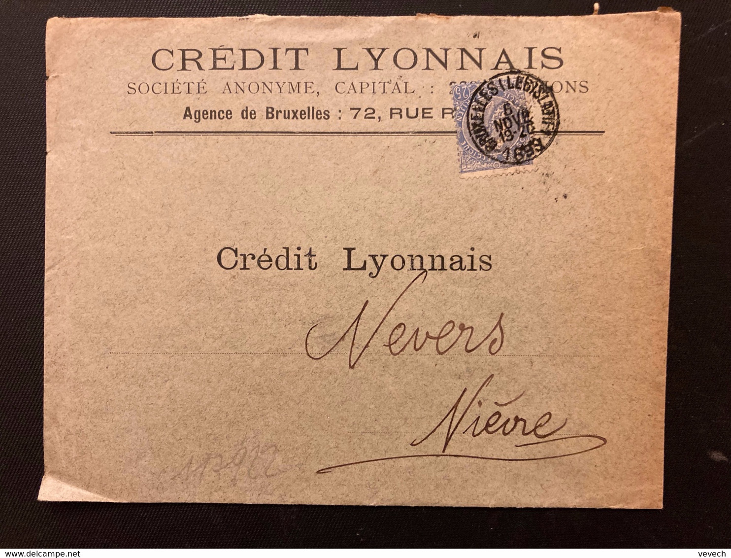 LETTRE TP 25c Perforé CL OBL.6 NOVE 1898 BRUXELLES + CREDIT LYONNAIS BANQUE - 1863-09