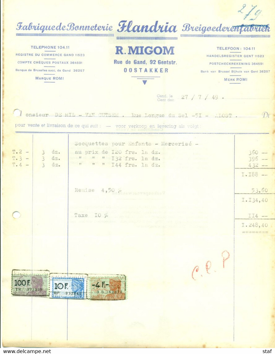 Oude Factuur Flandria - Breigoederenfabriek R. Migom Oostakker : 1949 - Textile & Vestimentaire