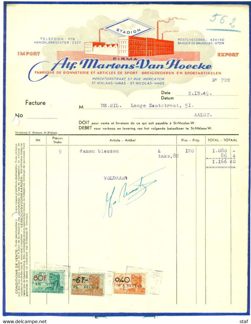 Oude Factuur Martens - Van Hoecke - Breigoederen En Sportartikelen Sint-Niklaas-Waas 1949 - Textilos & Vestidos