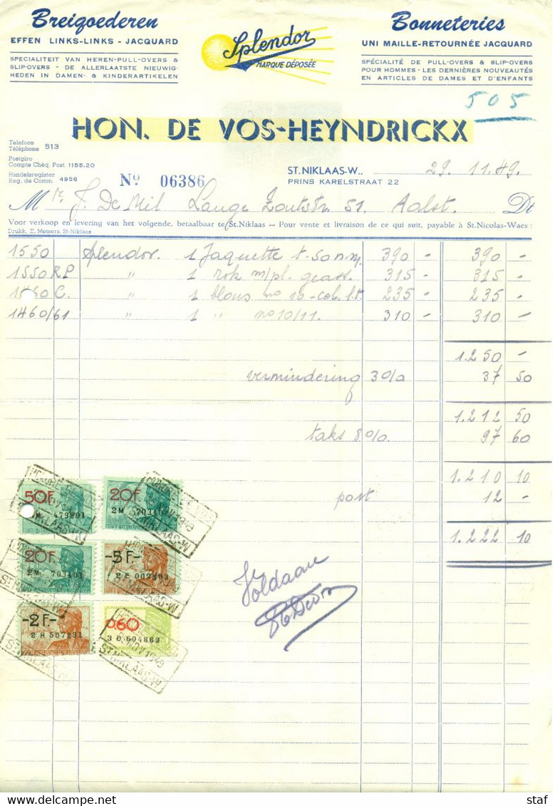 Oude Factuur Hon. De Vos - Heyndrickx - Breigoederen Splendor - Sint-Niklaas-Waas 1949 - Textile & Vestimentaire