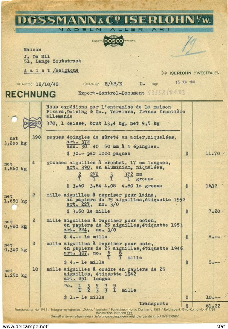 Alte Rechnung Dossmann & Co - Nadeln Aller Art - Iserlohn Westfalen : 1949 - Textile & Vestimentaire