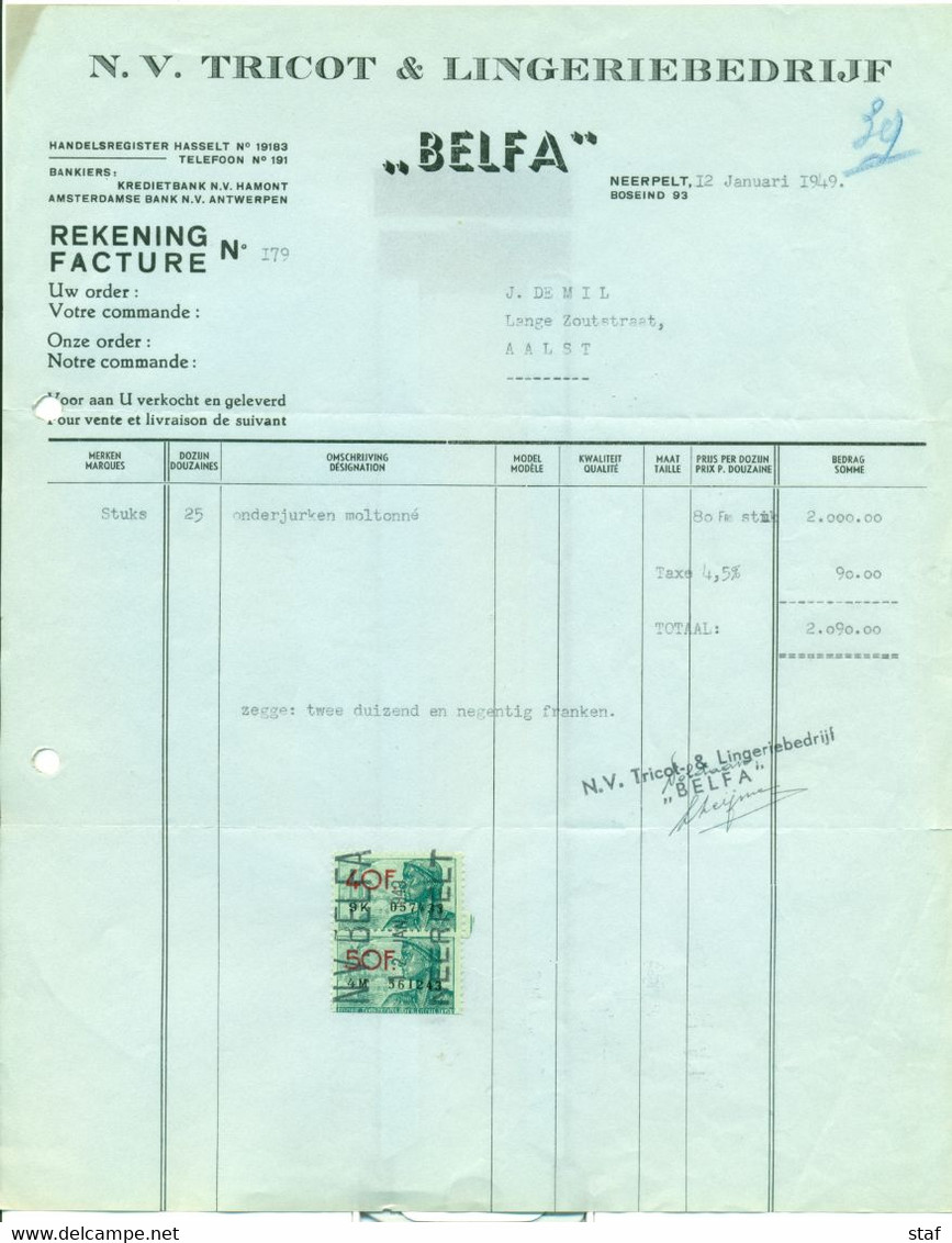 Oude Factuur NV Tricot & Lingeriebedrijf Belfa Te Neerpelt : 1949 - Textile & Vestimentaire