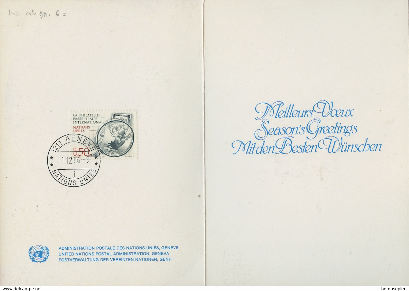 NU Genève - Vereinte Nationen Livret 1986 Y&T N°143 - Michel N°143 - 50c Loupe - Carte De Voeux - Storia Postale