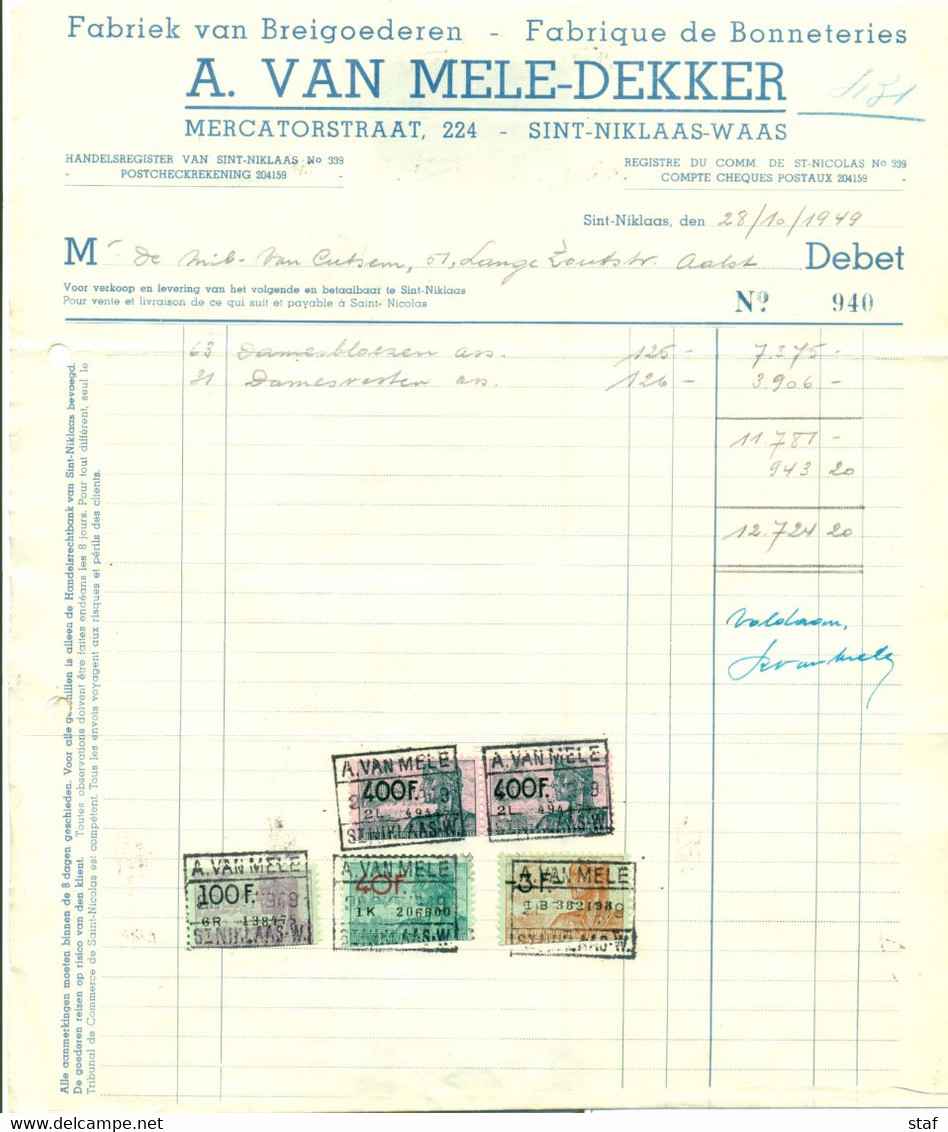 Oude Factuur : A. Van Mele - Dekker - Fabriek Van Breigoederen Te Sint-Niklaas-Waas 1949 - Vestiario & Tessile