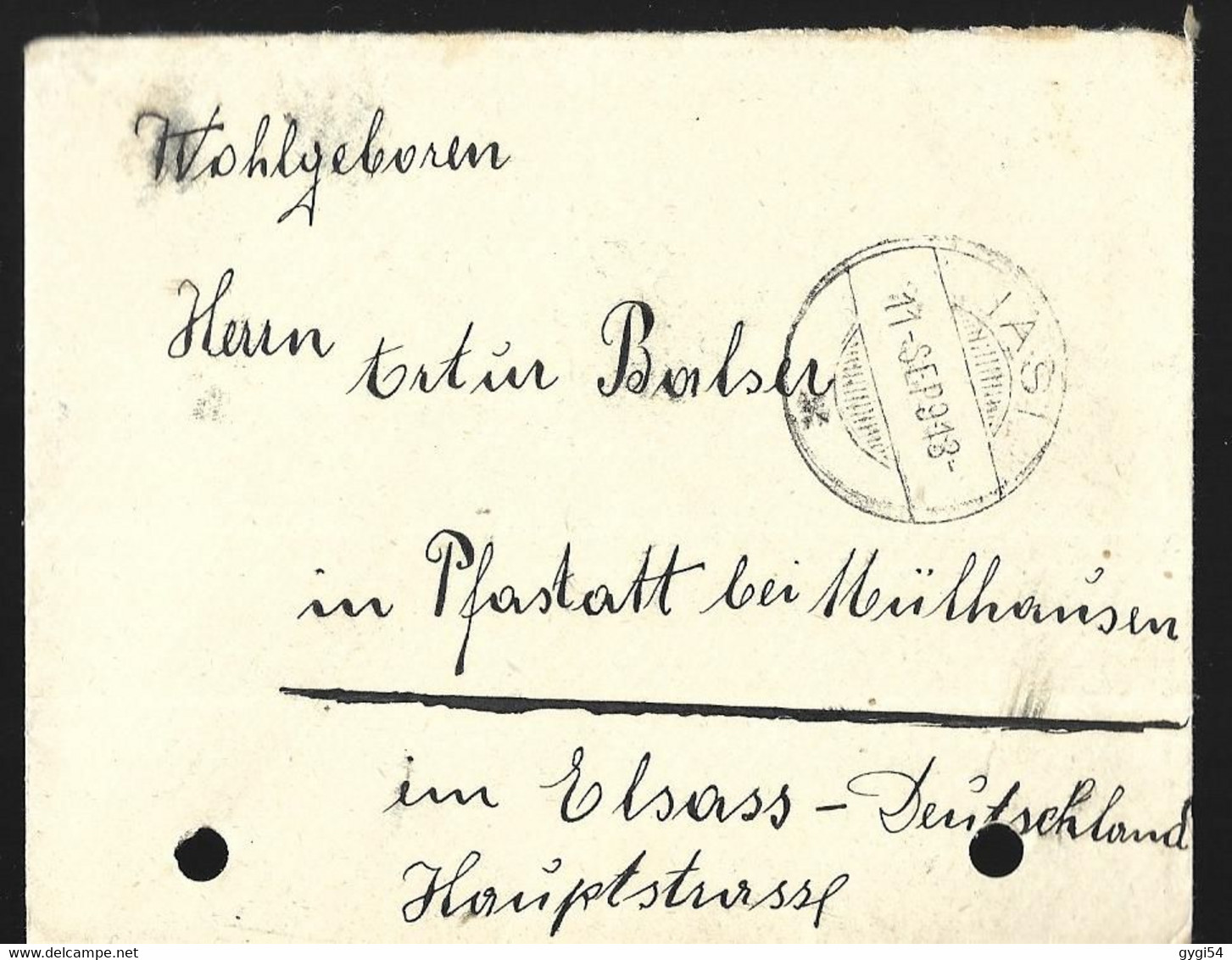 Roumanie  Lettre  ' Acte De Naissance   Wohlgeboren ) Lettre Du 11 Septembre 191 De Iasy  Pour Pfastadt ( Haut - Rhin ) - Poststempel (Marcophilie)