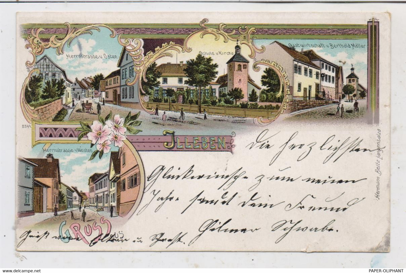 0-5820 BAD LANGENSALZA - ILLEBEN, Lithographie Gastwirtschaft Möller, Herrnstrasse, Schule & Kirche, Kl. Druckstellen - Bad Langensalza