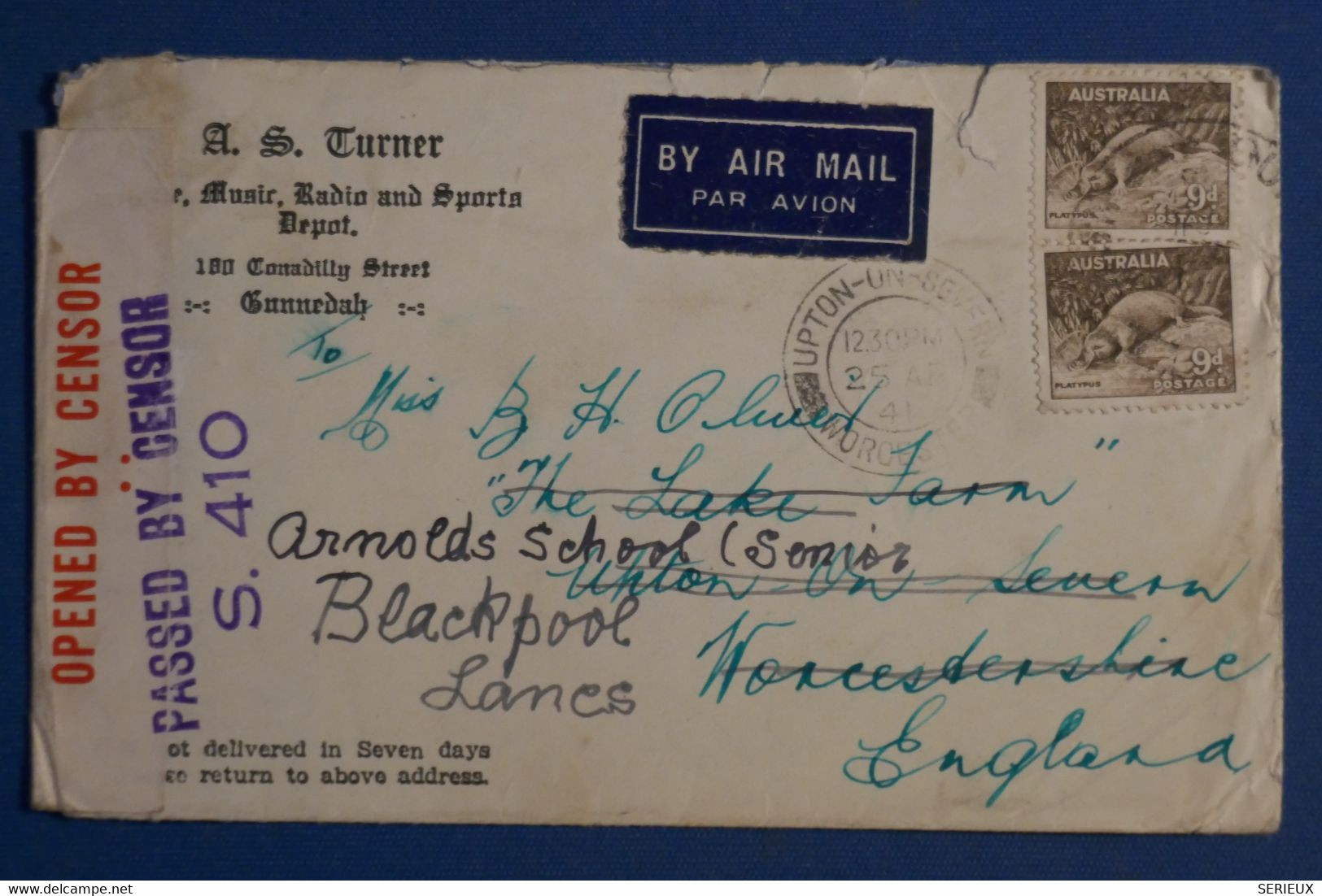 AL8  AUSTRALIA  BELLE LETTRE  CENSUREE 1941 PAR AVION  REDISTRIBUEE POUR BLACKPOOL U.K ++AFFRANCH. INTERESSANT - Storia Postale