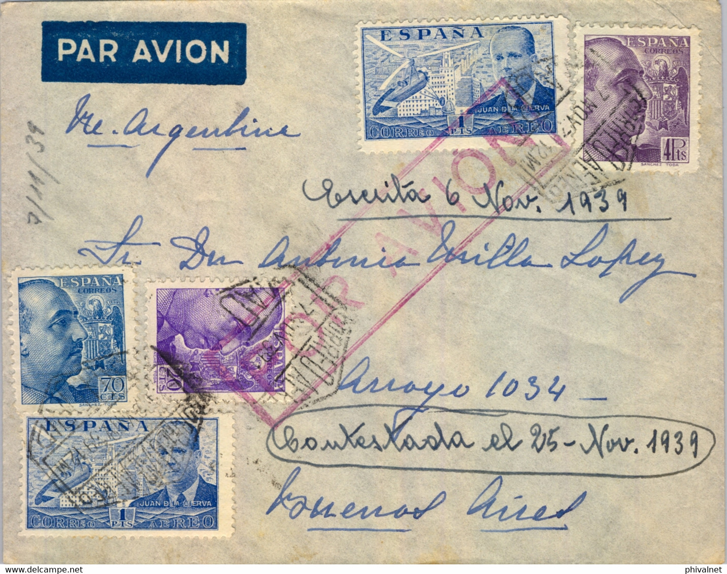 1939 , MADRID - BUENOS AIRES , CORREO AÉREO , SOBRE CIRCULADO , CENSURA MILITAR AL DORSO. ED. 877 - 4 PTS. SÁNCHEZ TODA - Brieven En Documenten