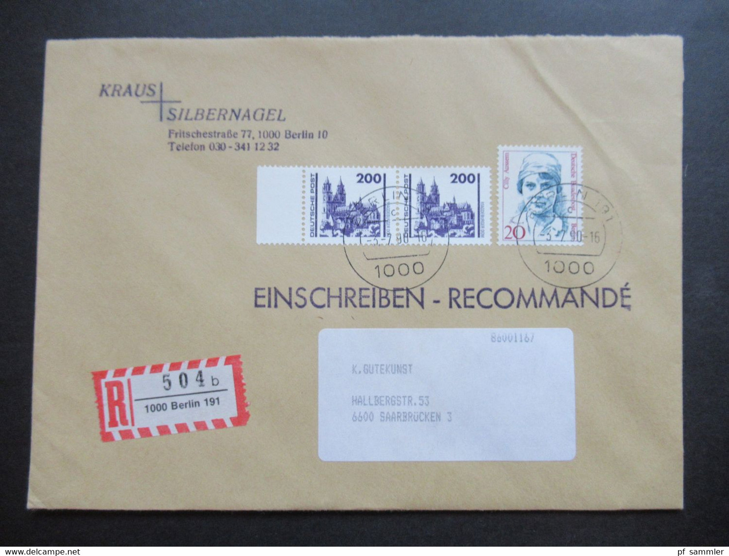 Berlin 3.7.1990 Nr. 811 MiF Mit DDR Bauwerke Nr.3351 Als Waagerechtes Paar Einschreiben 1000 Berlin 191 - Storia Postale