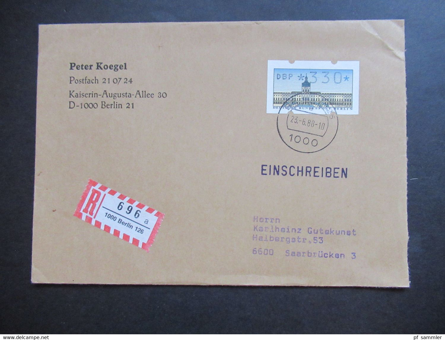 Berlin 1988 ATM Nr. Mit Wert 330 EF Fernbrief Nach Saarbrücken Einschreiben 1000 Berlin 126 - Storia Postale