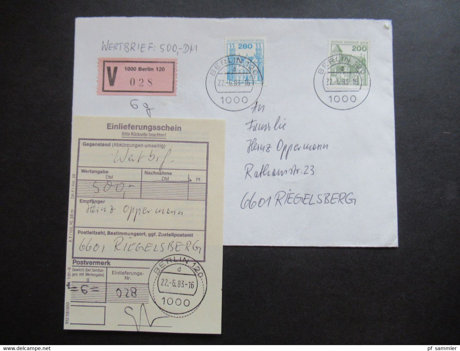 Berlin 1983 Freimarken BuS Nr.540 Und 676 Wertbrief über 500 DM V Zettel 1000 Berlin 120 Mit Einlieferungsschein!! - Cartas & Documentos