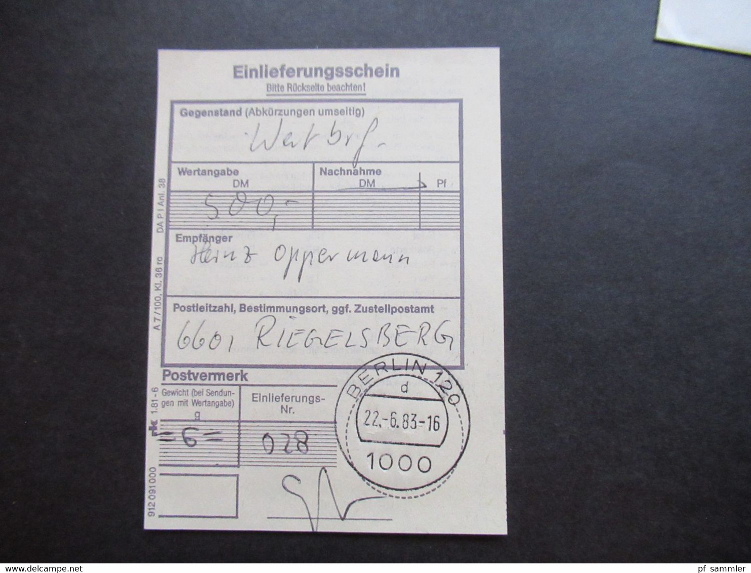 Berlin 1983 Freimarken BuS Nr.540 und 676 Wertbrief über 500 DM V Zettel 1000 Berlin 120 mit Einlieferungsschein!!