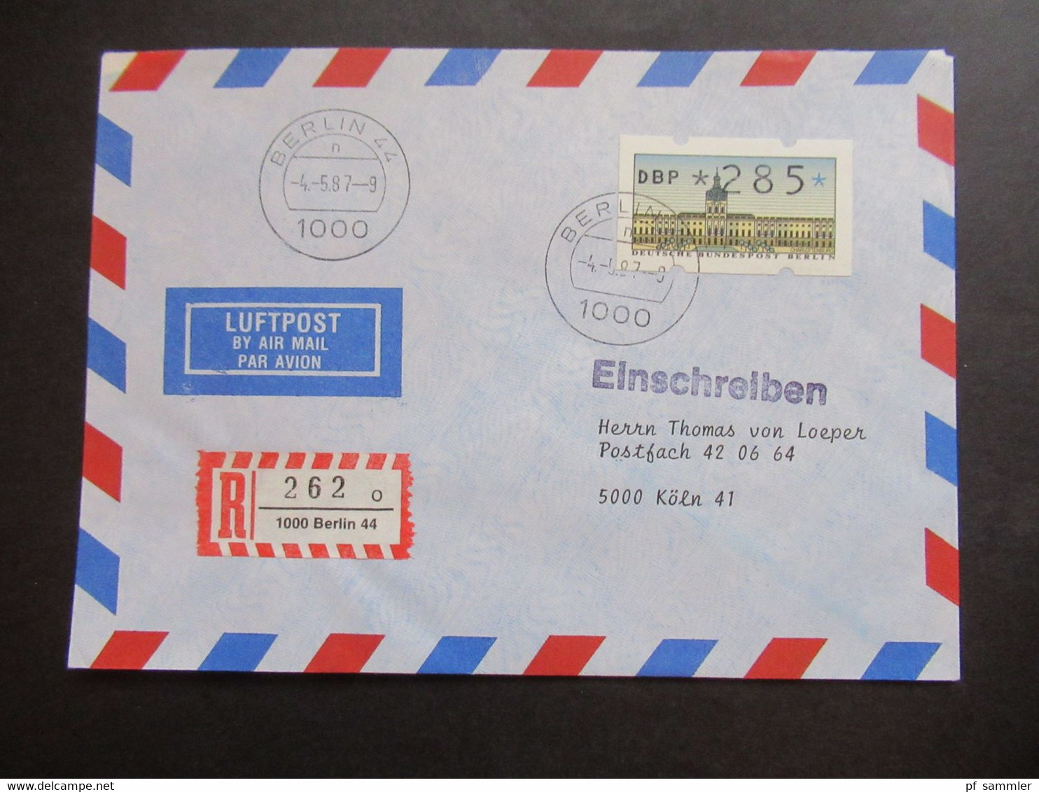 Berlin 1987 ATM Nr.1 Wert 285 FDC / Tagesstempel Berlin 44 Vom Ersttag Einschreiben 1000 Berlin Luftpost Beleg Nach Köln - Lettres & Documents