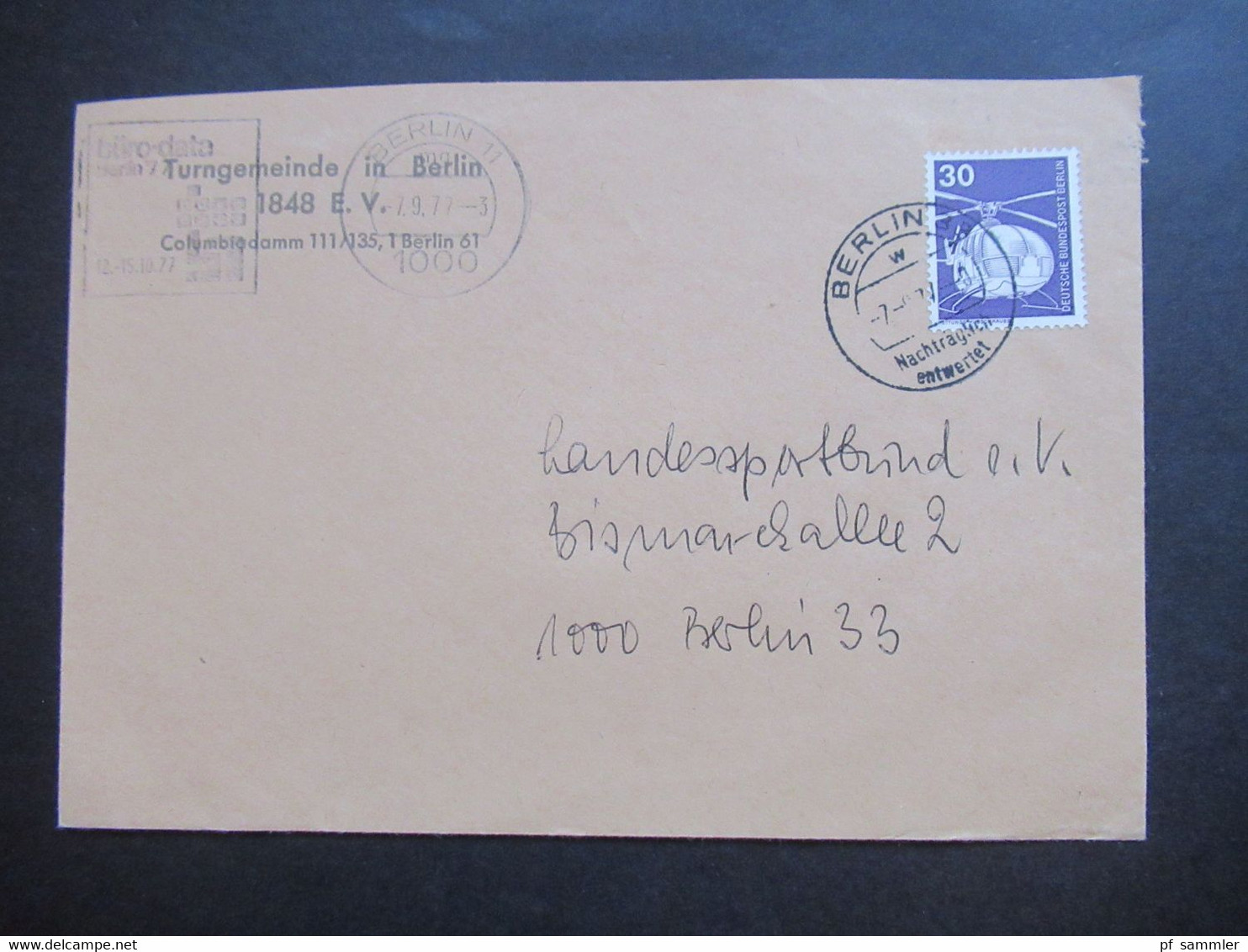 Berlin 1977 Freimarken Industrie Und Technik Nr.497 EF Berlin Ortsbrief Mit Stempel Berlin 33 Nachträglich Entwertet - Storia Postale