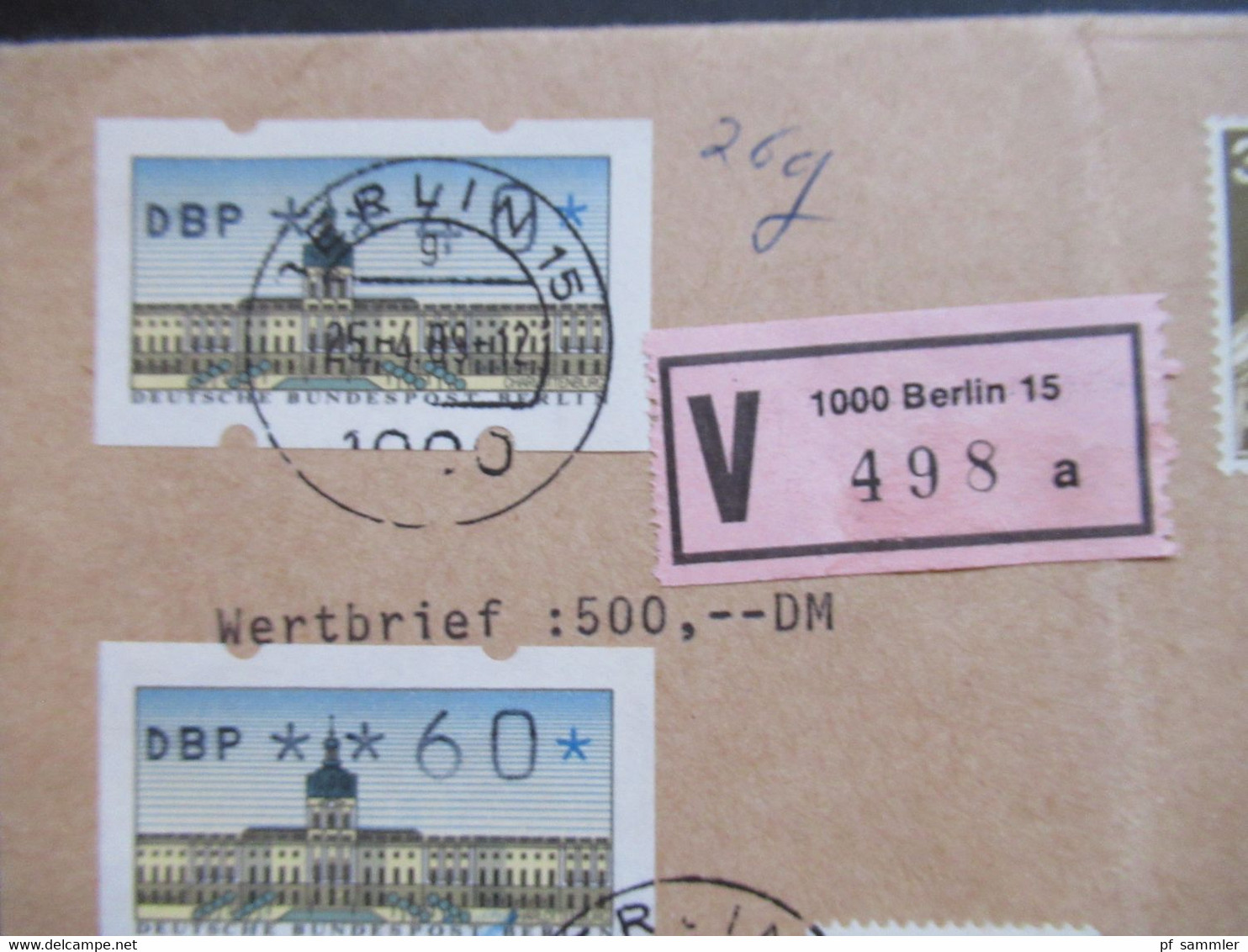 Berlin 1989 ATM Nr.1 Verschiedene Wertstufen MiF Mit BRD Marken Wertbrief über 500 DM V-Zettel 1000 Berlin 15 - Cartas & Documentos