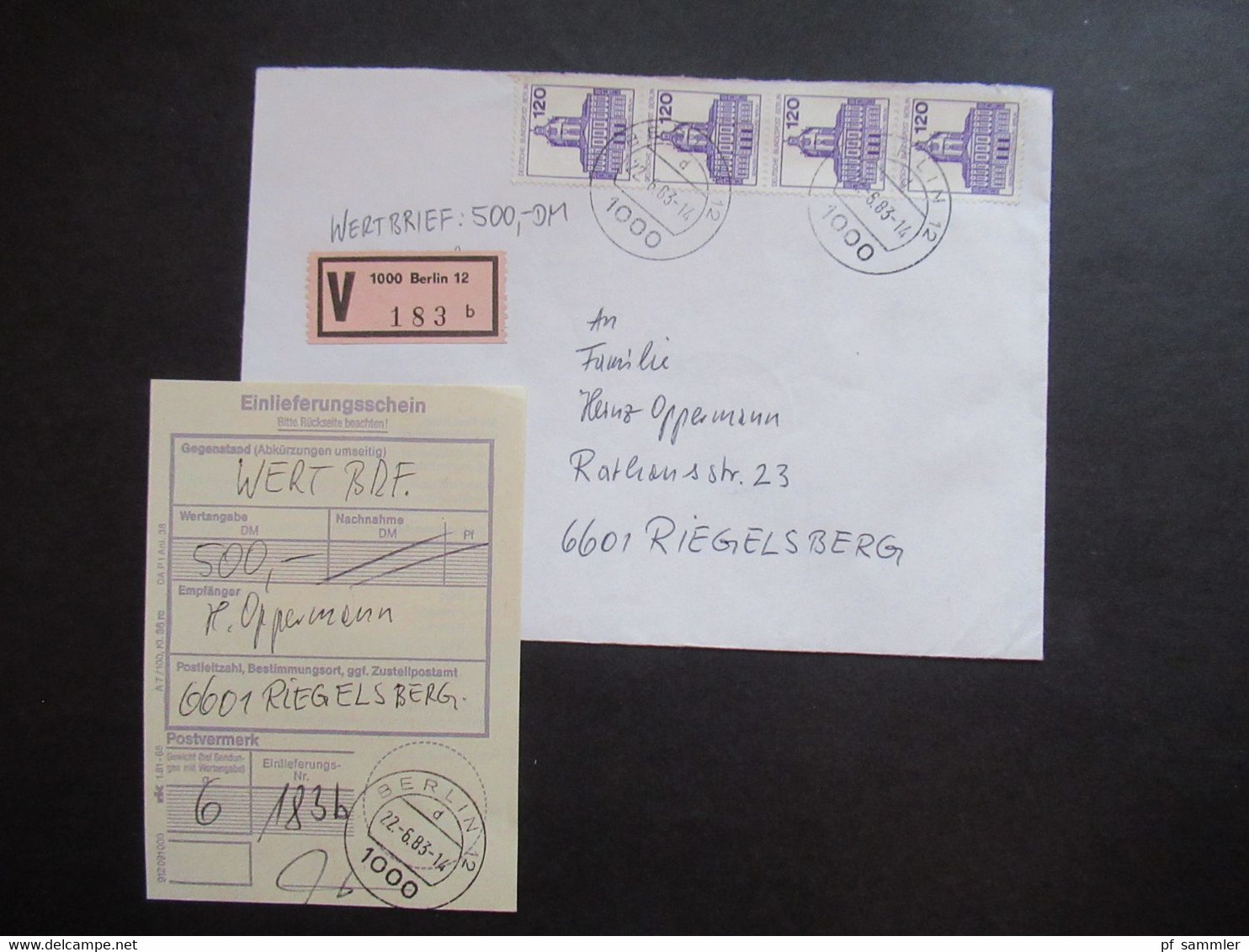 Berlin 1983 Freimarken BuS Nr.675 (4) MeF Senkrechter 4er Streifen Wertbrief 500 DM Mit Einlieferungsschein!! - Briefe U. Dokumente