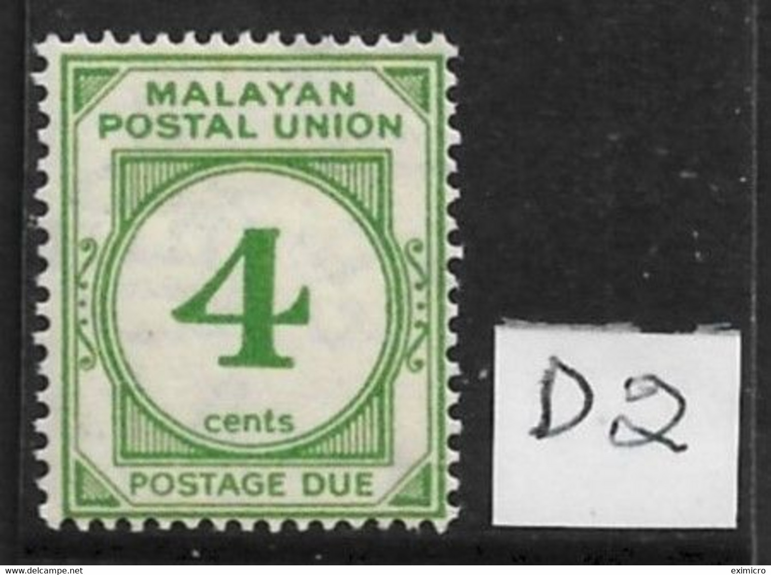 MALAYA - MALAYAN POSTAL UNION 1936 4c POSTAGE DUE SG D2 MOUNTED MINT Cat £45 - Malayan Postal Union