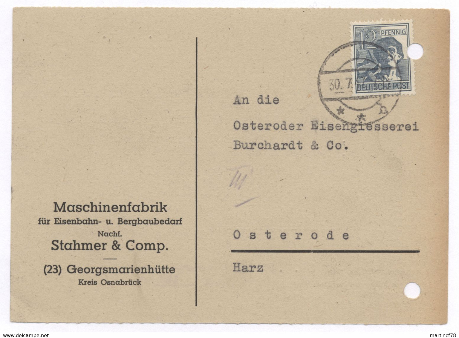 Beleg Maschinenfabrik Für Eisenbahn Und Bergbaubedarf Stahmer Comp. Georgsmarienhütte Osnabrück 1947 - Andere & Zonder Classificatie