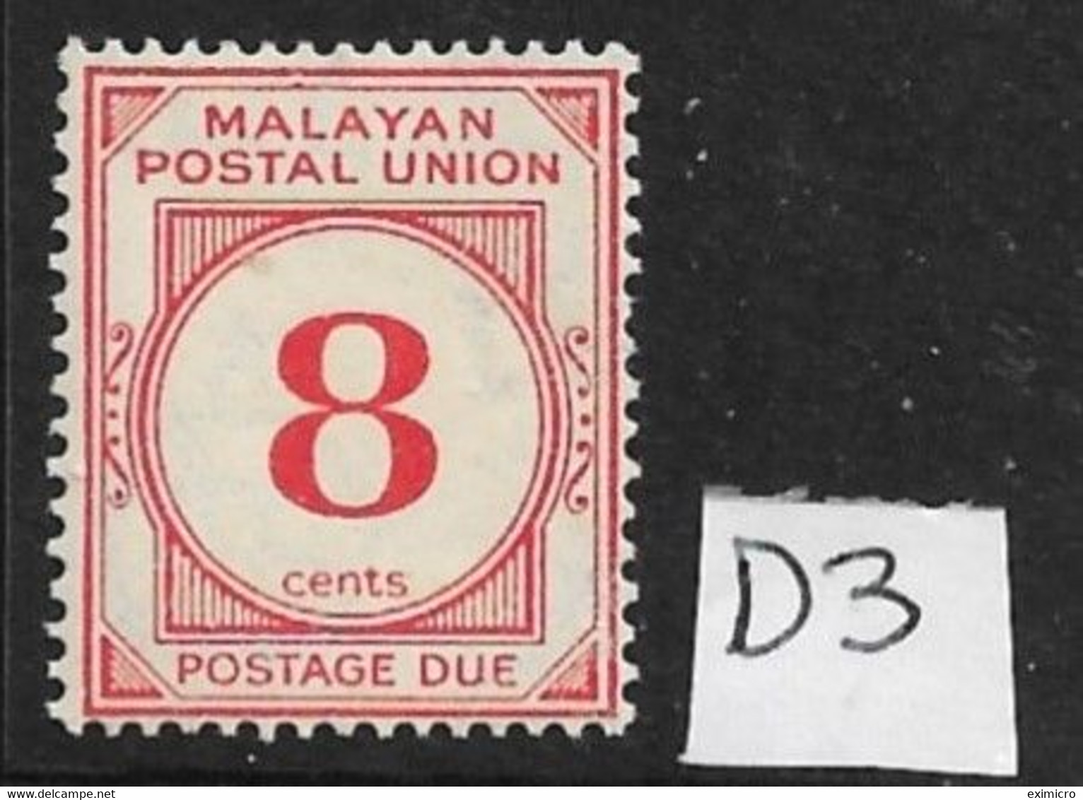 MALAYA - MALAYAN POSTAL UNION 1936 8c POSTAGE DUE SG D3 LIGHTLY MOUNTED MINT Cat £24 - Malayan Postal Union