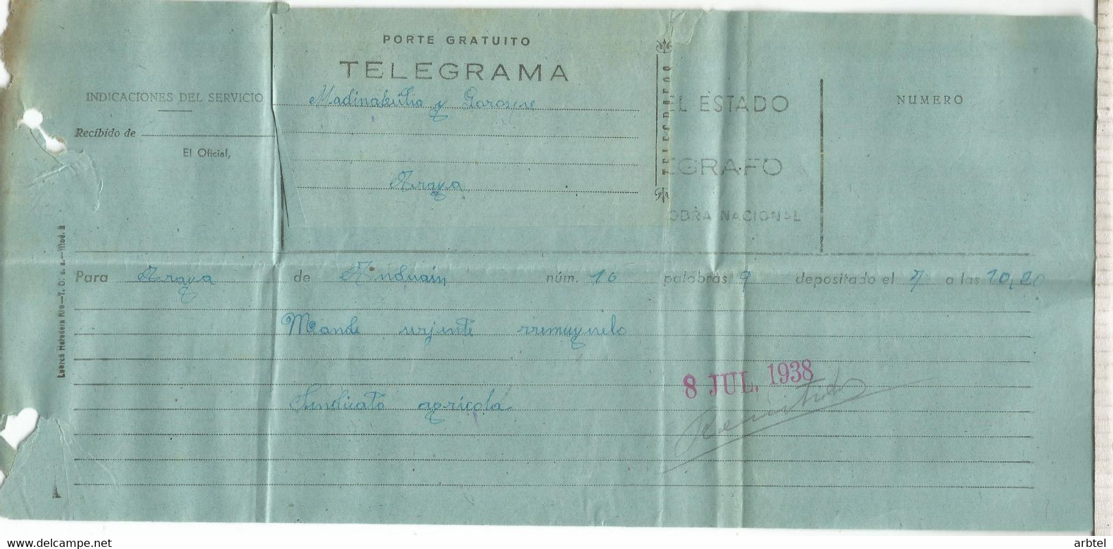 TELEGRAMA DE ANDOAIN GUIPUZCOA A ARAYA ALAVA - Telegramas