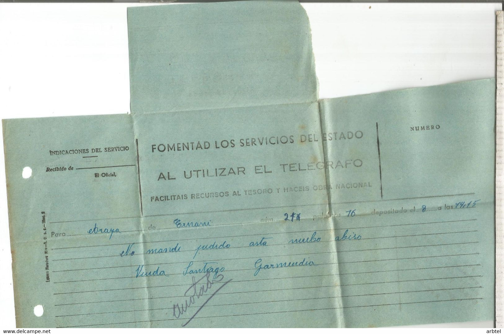 TELEGRAMA DE HERNANI GUIPUZCOA A ARAYA ALAVA - Telegraph