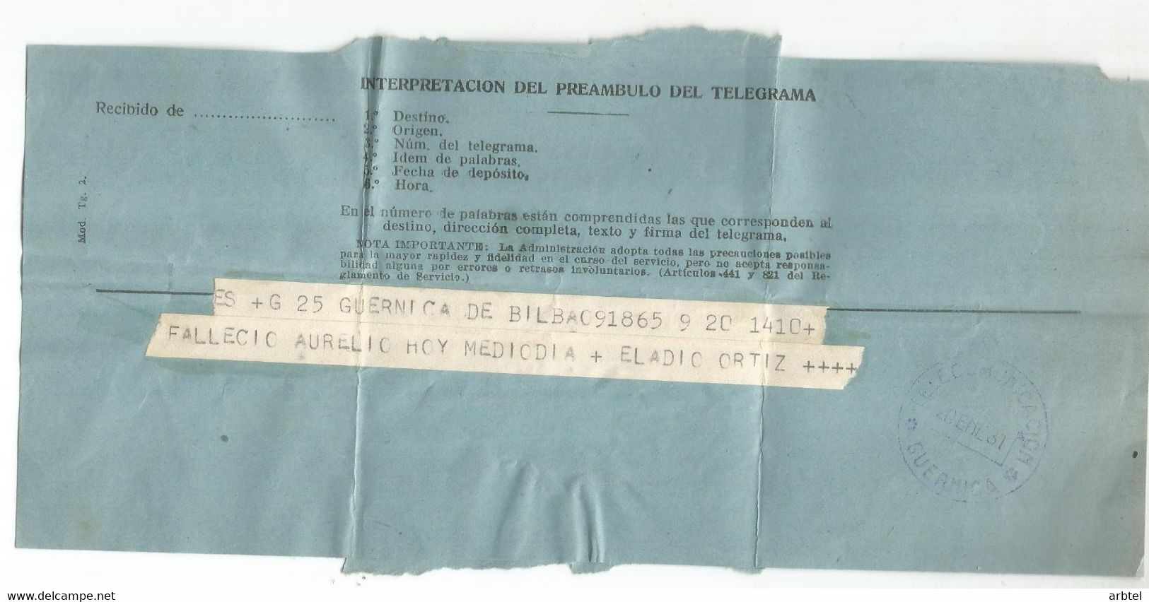 TELEGRAMA DE BILBAO A GUERNICA MAT TELECOMUNICACION - Telegramas