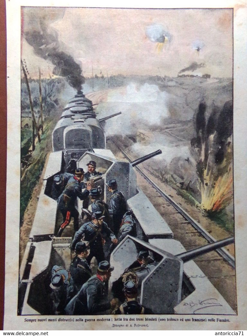 Retrocopertina Domenica Corriere Nr. 3 Del 1915 WW1 Lotta Treni Blindati Fiandre - Guerra 1914-18