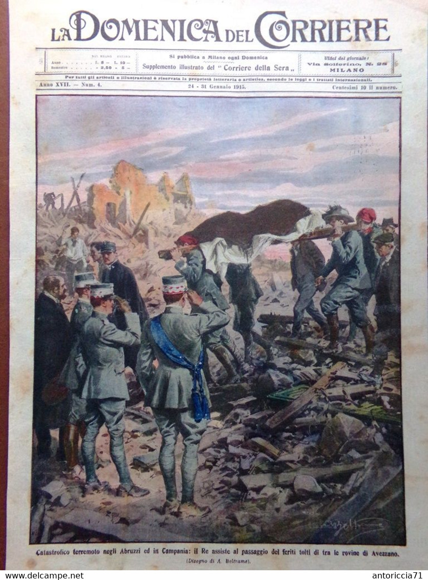 Copertina Domenica Corriere Nr. 4 Del 1915 WW1 Terremoto Abruzzi Rovine Avezzano - War 1914-18