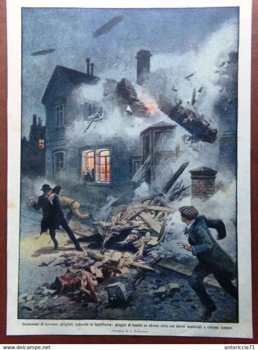 Retrocopertina Domenica Corriere Nr. 5 Del 1915 WW1 Dirigibili Bombe Inghilterra - Guerra 1914-18