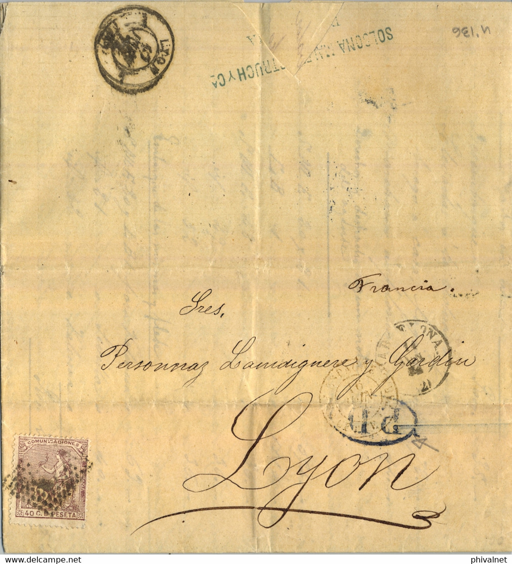 1874 , BARCELONA - LYON , ED. 136 - 40 CTS. ALEGORIA DE ESPAÑA , AMBULANTE CETTE A TAR  , LLEGADA - Covers & Documents