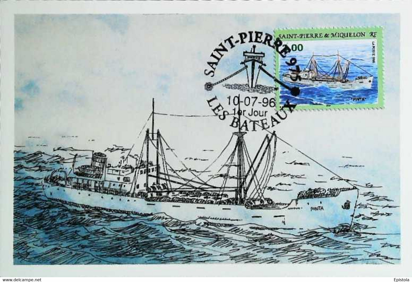 ► 975 Saint Pierre Et Miquelon / FDC Carte Maximum Premier Jour / Série LES BATEAUX 1996  - M/S General Cargo Le PINTA - Maximumkarten