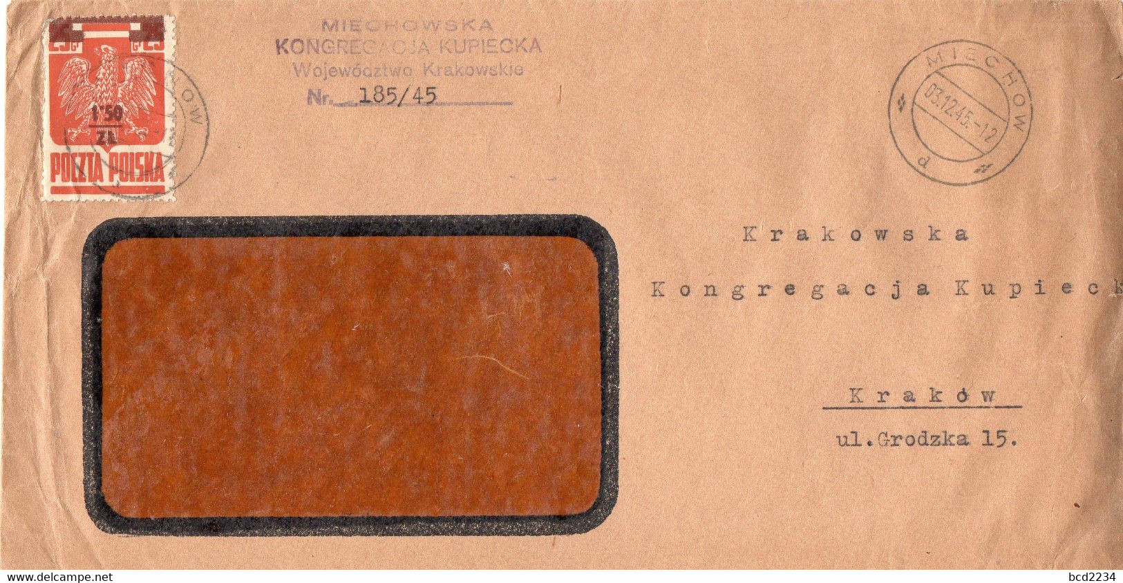 POLAND 1945 OVERPRINT ERROR RAISED UP OVER THE TOP OVERPRINT ISSUE 1.50ZL ON 25GR BROWN COVER FROM MIECHOW TO KRAKOW - Errors & Oddities