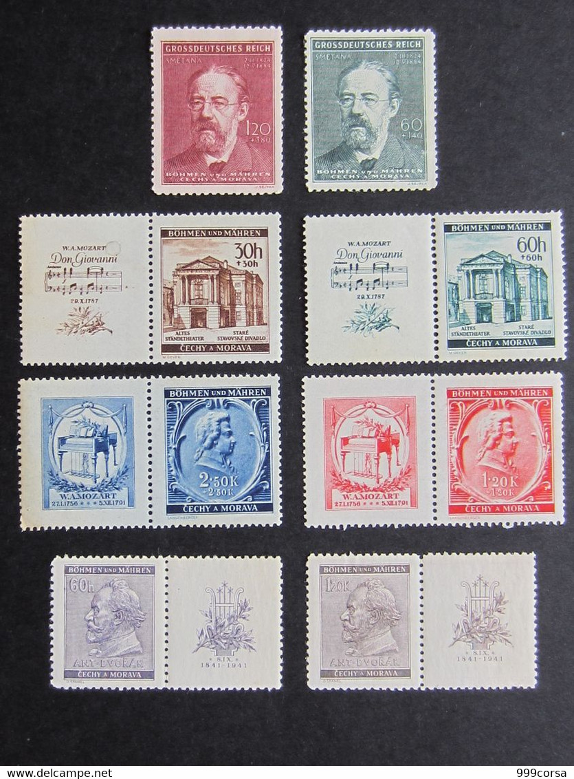 Boemia & Moravia, 1944, B. Smetana (Mi.138-139), 1941, A. Dvorak (Mi.73-74), 1941, Mozart (Mi.71-72), (DZ)5 - Unused Stamps