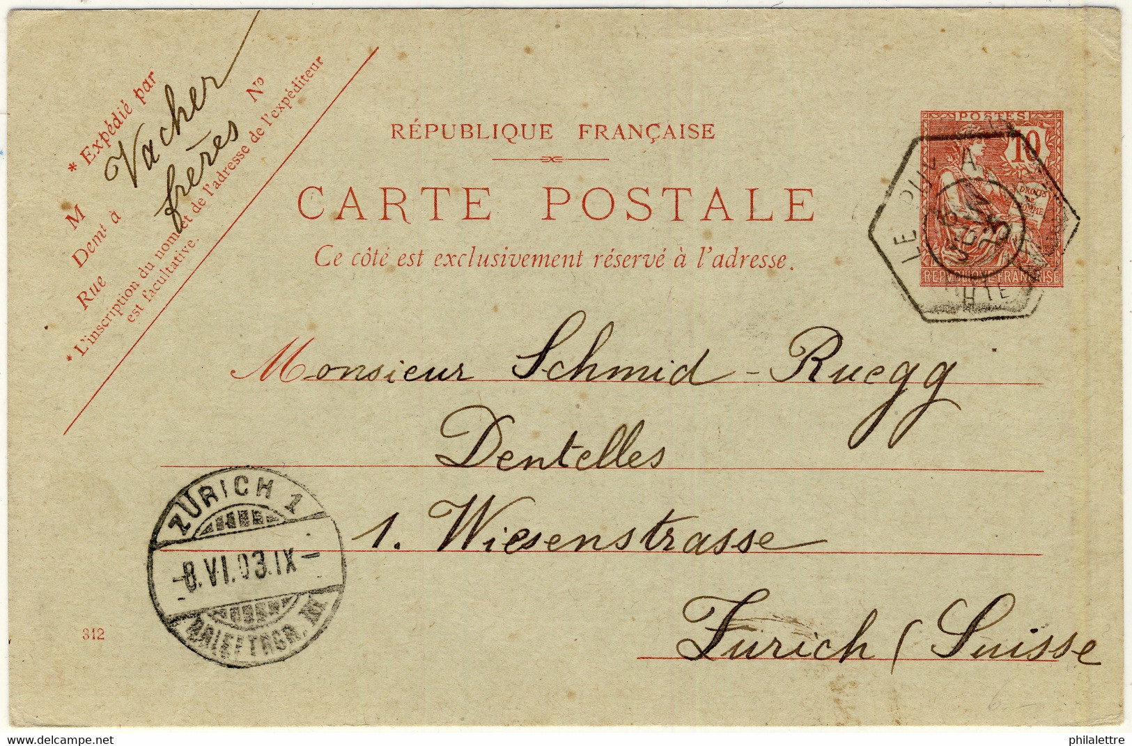 FRANCE - 1903 - TàD Recette Auxiliaire Urbaine " LE PUY A / Hte LOIRE " Sur CP 10c Mouchon (MOU-D1, D.312) Pour Zurich - 1877-1920: Période Semi Moderne