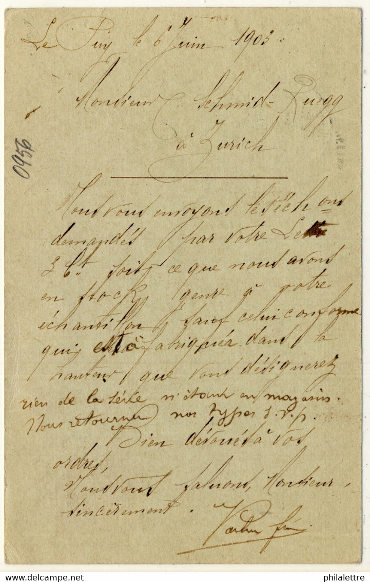 FRANCE - 1903 - TàD Recette Auxiliaire Urbaine " LE PUY A / Hte LOIRE " Sur CP 10c Mouchon (MOU-D1, D.312) Pour Zurich - 1877-1920: Semi Modern Period