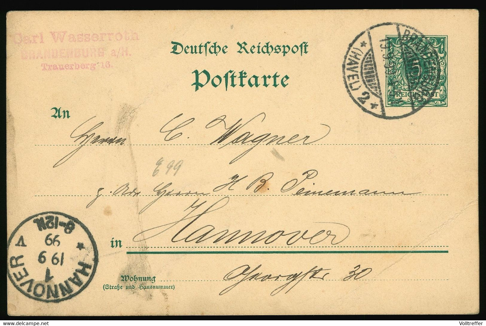 DR Ganzsache 1899 Nach Hannover, Einkreisstempel, Absender SST Carl Wasserroth Brandenburg Havel, Trauerberg - Autres & Non Classés