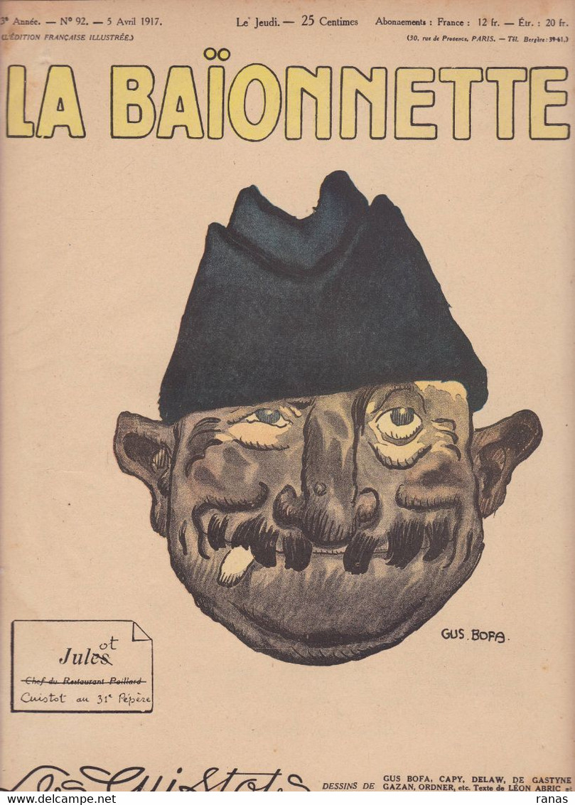 Gus BOFA Revue La Baïonnette WWI Guerre War Satirique Caricature  N° 92 De 1917 Ordner CAPY - 1900 - 1949