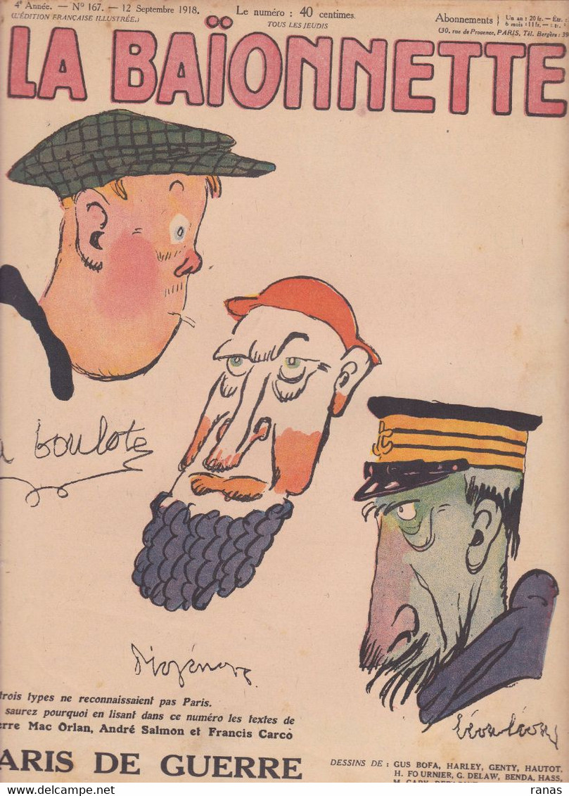 Gus BOFA Revue La Baïonnette WWI Guerre War Satirique Caricature  N° 167 De 1918 Genty Delaw Depaquit - 1900 - 1949