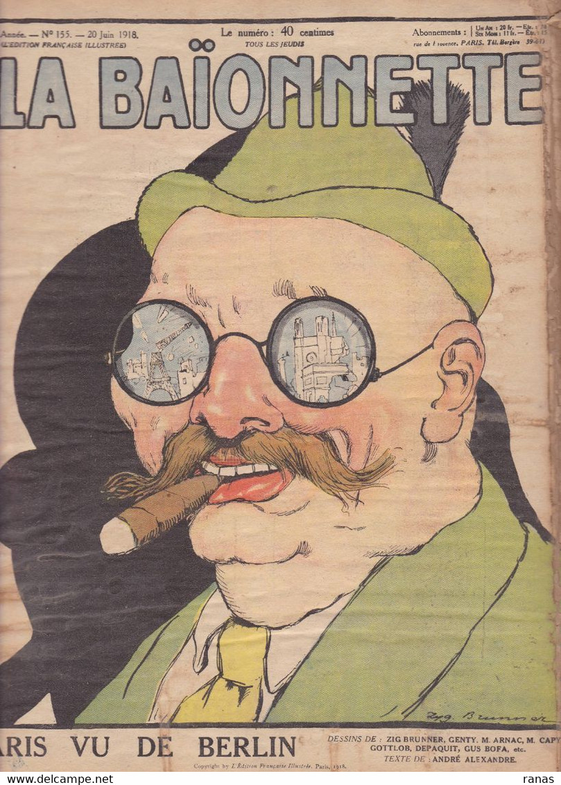Gus BOFA Revue La Baïonnette WWI Guerre War Satirique Caricature  N° 155 De 1918 Gottlob Zig Brunner - 1900 - 1949