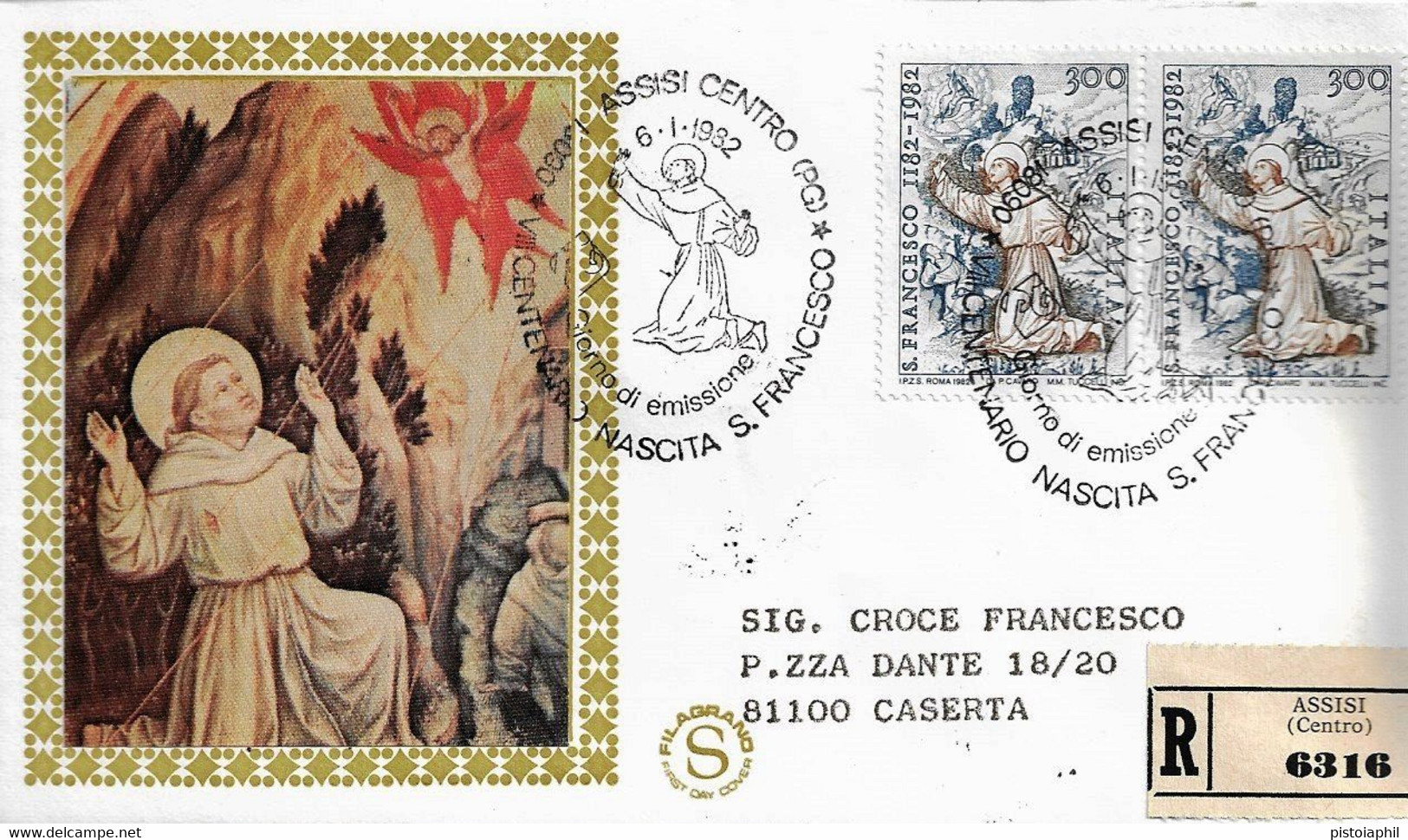 Fdc Filagrano Gold:SAN FRANCESCO 1982; Raccomandata ; AS_Assisi - FDC