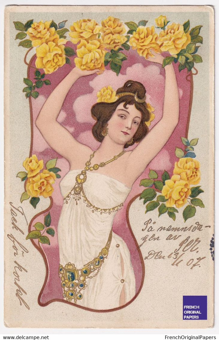 Art Nouveau CPA 1907 Femme Robe Mode Roses Fleurs Bijou Or Coiffure Woman Jugendstil Postcard Pin-up Sexy Beauté A64-41 - Saint-Valentin