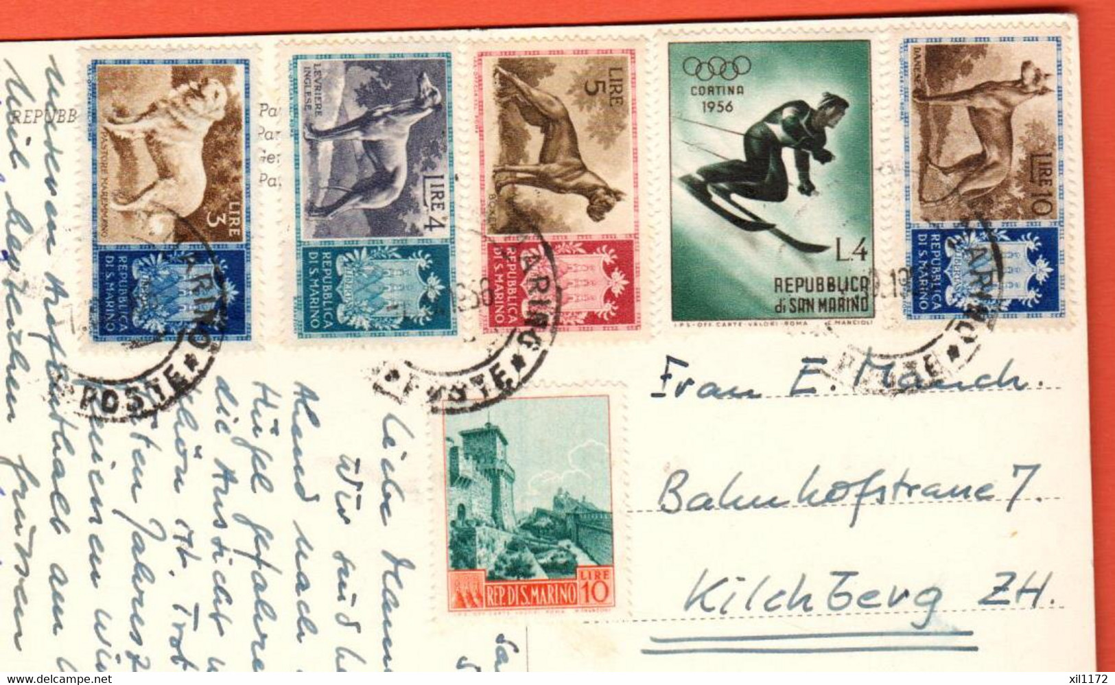 QAC-01 Cartolina Postale Di San Marino Con 6 Bolli. Vede Tutti Li Scans. Viaggiatta 1956 - Briefe U. Dokumente