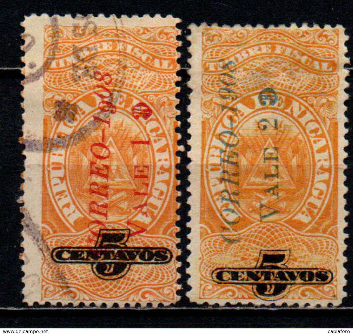 NICARAGUA - 1908 - Revenue Stamps Overprinted “CORREO-1908" And New Value - USATI - Nicaragua